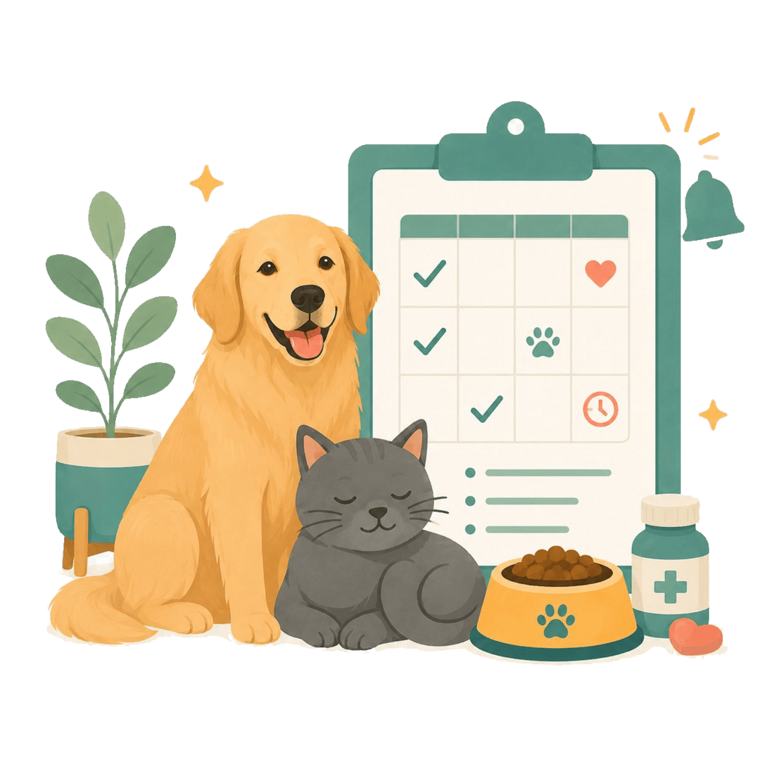 Pet care schedule chart for dogs and cats showing vaccinations, feeding times, and medication reminders