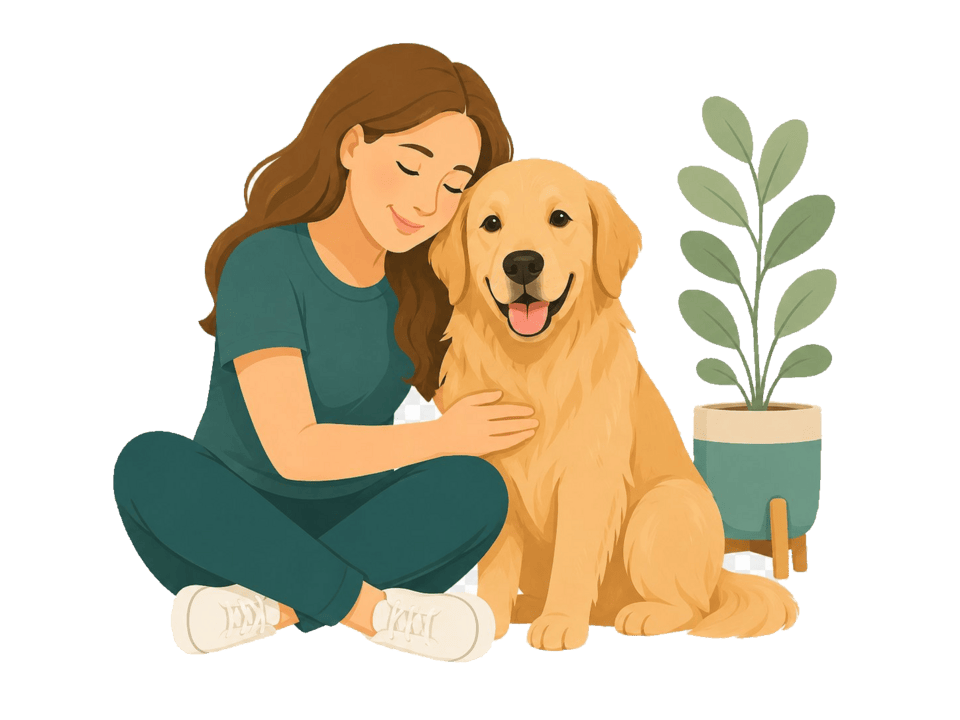 Happy dog owner hugging her golden retriever — the bond MyNubs pet calculators are built to support